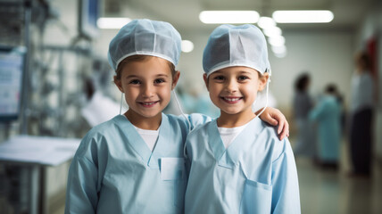 two little girls smiling dressed with medical uniform in hospital. nurse, doctor and healthcare aspiration