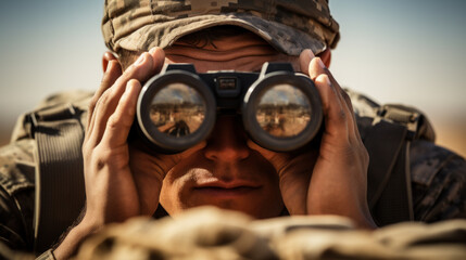 military soldier with camouflage uniform looking through binoculars - 630311796