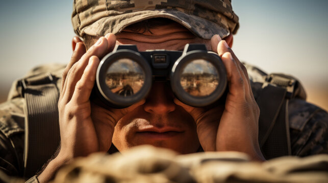 military soldier with camouflage uniform looking through binoculars