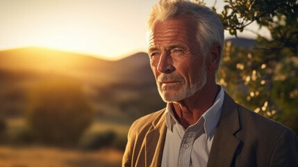 elegant attractive senior man looking in nature. retirement and contemplation