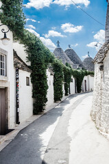 Old street in Alberobello with white houses and conical roofs, stock photo.