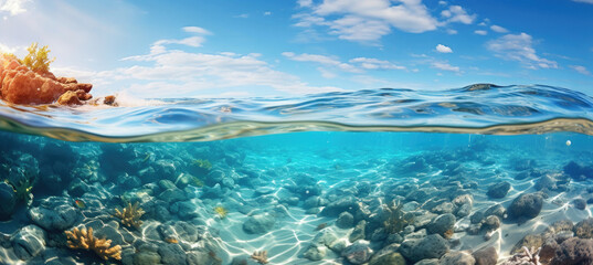 Fototapeta na wymiar Panoramic Landscape of Water in the Sea or Ocean with Sunlight - Summer Background with Copy Space for Text or Product