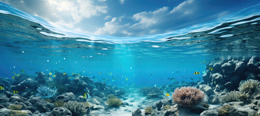 Panoramic Landscape of Water in the Sea or Ocean with Sunlight and Fishes - Summer Background with Copy Space for Text or Product