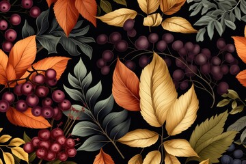 Autumn pattern with yellow leaves and bright berries, abstract fall background. Generative AI