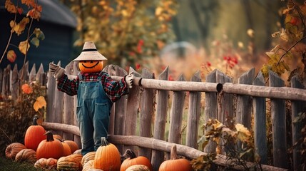 a rustic wooden fence with pumpkins and a scarecrow in front of it and an autumn background - obrazy, fototapety, plakaty