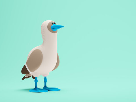 Cartoon Blue-footed booby standing on a blue background 3D illustration