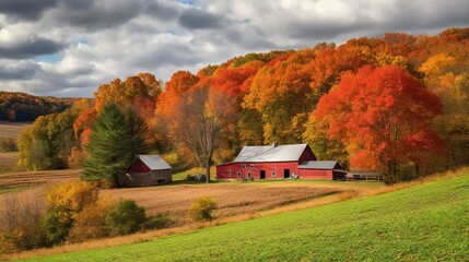  a landscape of a rural farm with a large red barn and field in the background, surrounded by fall colors - obrazy, fototapety, plakaty