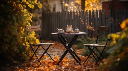 a cozy autumn backyard with a table and chairs