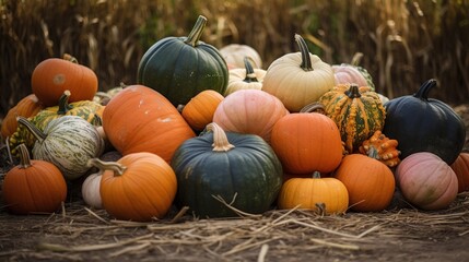 A pile of pumpkins and gourds on hay