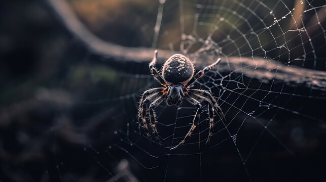 a close-up of a spider web with a big black spider in the center