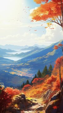 Autumn landscape with trees and falling leaves. Cartoon or anime watercolor painting illustration style. Seamless looping 4K vertical video animation background.