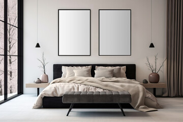 Mockup of a minimalist modern luxury bedroom interior wall decor with a neat framed photo or poster hanging above the ornate lighting and bed
