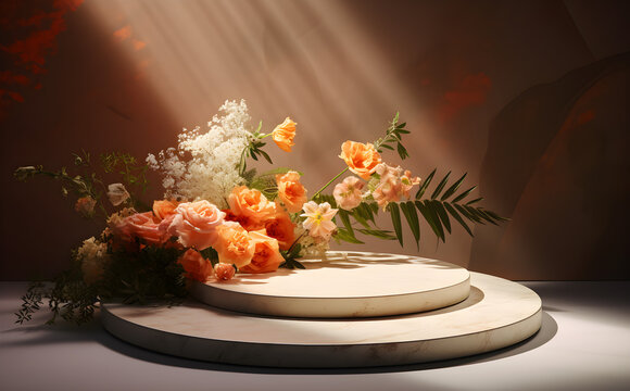 Beautiful floral podium display. Horizontal background bright colors. AI generative image.
