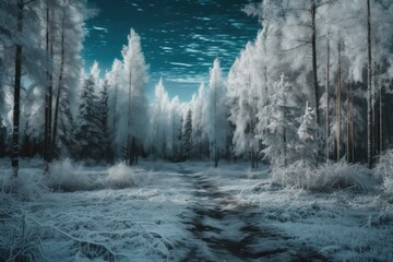 Fototapeta na wymiar Unoccupied area in a blue seasonal setting with beautiful magic woodlands in the background. Generative AI