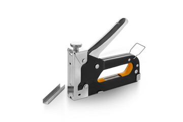 Iron construction stapler and staples isolated on a transparent background