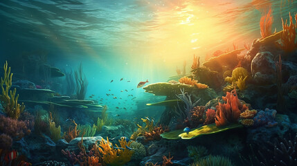 Fototapeta na wymiar As sunlight filters down from the surface, it illuminates the underwater world, Fishes tropical And Sunshine, Amongst the coral, curious sea creatures such as clownfish and seahorses, Generative AI