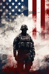 soldier with American flag on wall Memorial Day - Independence Day generative ai