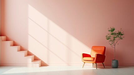 orange chair in a room with stair near it clean and minimalist