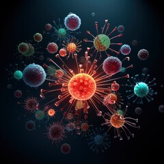 Different colored viruses on a dark background