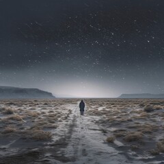 a man standing in the middle of nowhere desert and snow at night