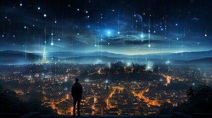 A man staring at a beautiful sky with big data particles above the city at night