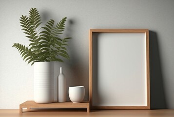 Wooden frame mockup with plant in vase on wall background, generative Ai