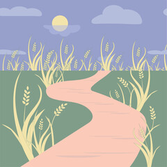 Path Ears of wheat yellow on violet horizontal background stock illustration for web, for print, for fabric print