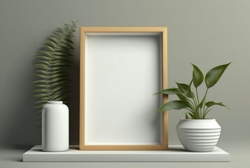 Wooden frame mockup with plant in vase on wall background, generative Ai