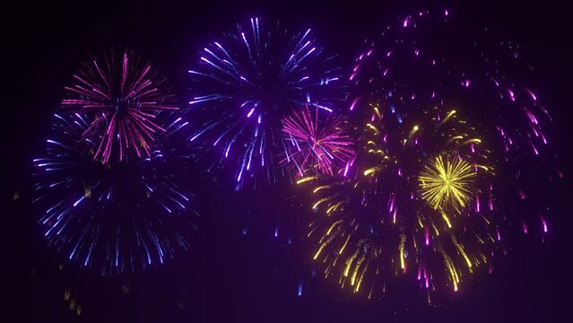 Festive fireworks show, firecrackers in the night sky. Happy celebration, joy and fun atmosphere. New Year's Eve. Creative Christmas background. Seamless loop