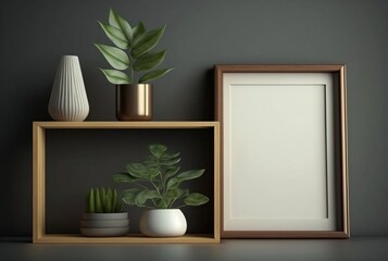 Fototapeta na wymiar Wooden frame mockup with plant in vase on wall background, generative Ai