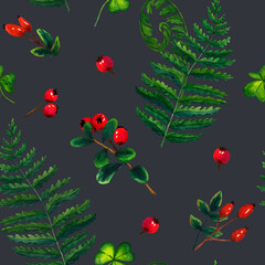 Watercolor seamless pattern wild forest fern and branch red berries, cranberry, cowberry, rosehip. Nature forest lawn scene. Wild landscape. Isolated eco natural illustration on grey background