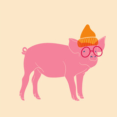 Pink pig. Vector illustration in a minimalist style  with Riso print effect. Graphic element for design, print, sticker, party decoration, logo, emblem, magazine prints or journal article