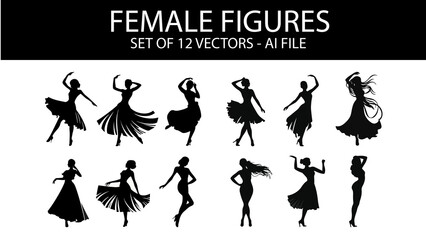 set of silhouettes of dancing girls