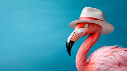 Gardinen Blue background with a flamingo in a hat for a summer vibe © graja