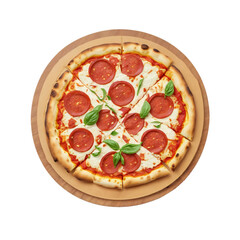 Digital Illustration Of A Pizza With Salami And Basil, Isolated On White Background