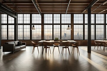 Design an interior of an industrial loft with exposed brick walls, metal accents, and large windows providing views of a bustling urban landscape
