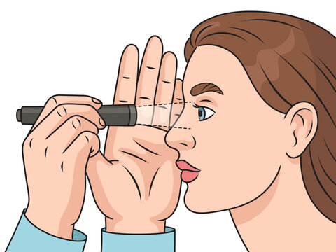 Pupillary light reflex. Doctor checks reaction of pupils to light with flashlight schematic vector illustration. Medical science educational illustration