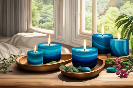 set of luxury candles in spa hotel , beauty wellness center . Spa product are placed in luxury spa resort room , ready for massage therapy . Sublime Generative AI image.