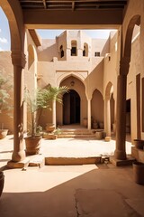 View of the inner courtyard of an old traditional Arab mud brick
