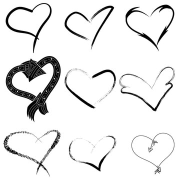 Black love heart shapes collection with brush doodle style