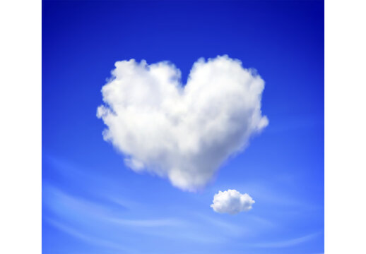 Realistic vector image of heart shaped cloud in blue sky.