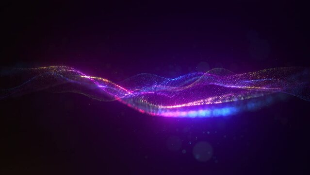 Gentle satisfying particle flow. Elegant waves of colorful dust, magical ripples. Information stream, data transfer, virtual reality cyberspace. Creative soft bokeh, abstract background. Seamless loop