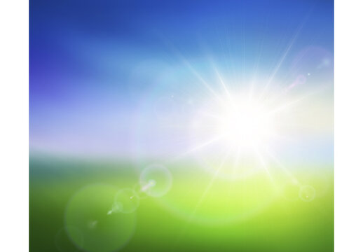 Vector image of blurred summer background with sunrise and lens flares