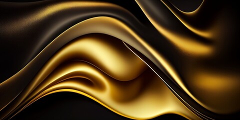 Abstract liquid gold silk texture on black background, Generative Ai