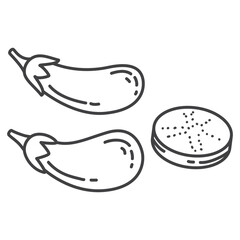 Eggplant icon.Food vegetable.Whole eggplant and slices.Aubergine vegetarian food.Healthy food design.Isolated on white background.Line art vector illustration.