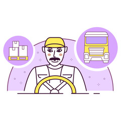 Driver with lorry icon. Delivering services transportation and trucking.Transport industry trucking.Lorry drivers.Courier  package.Delivery man.Isolated white background.Outline vector illustration.