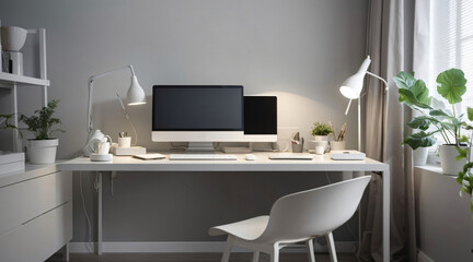 minimal home office desk setup with grey neutral colors