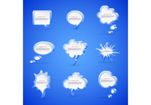Vector set of high detailed 3d speech bubbles isolated on blue background.