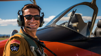 Military pilot stands in front of a combat airplane.