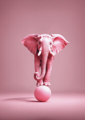 immagine di elefante rosa in equilibrio su una palla rosa su uno sfondo rosa - obrazy, fototapety, plakaty